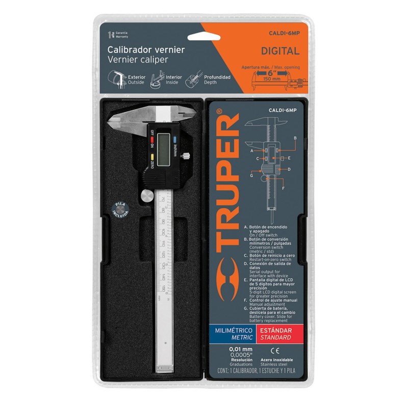 Calibrador Vernier digital de 6" (milimétrico y standard)