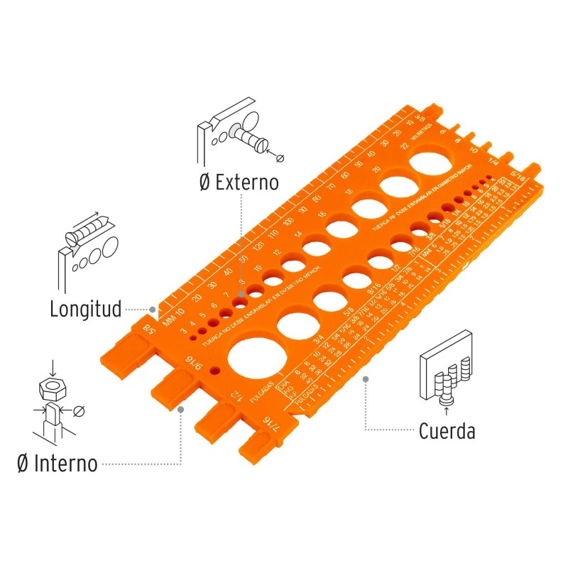 Regleta medidora de tuercas y tornillos, 22 cm