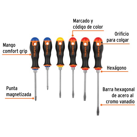 Juego de 6 desarmadores mango Comfort Grip