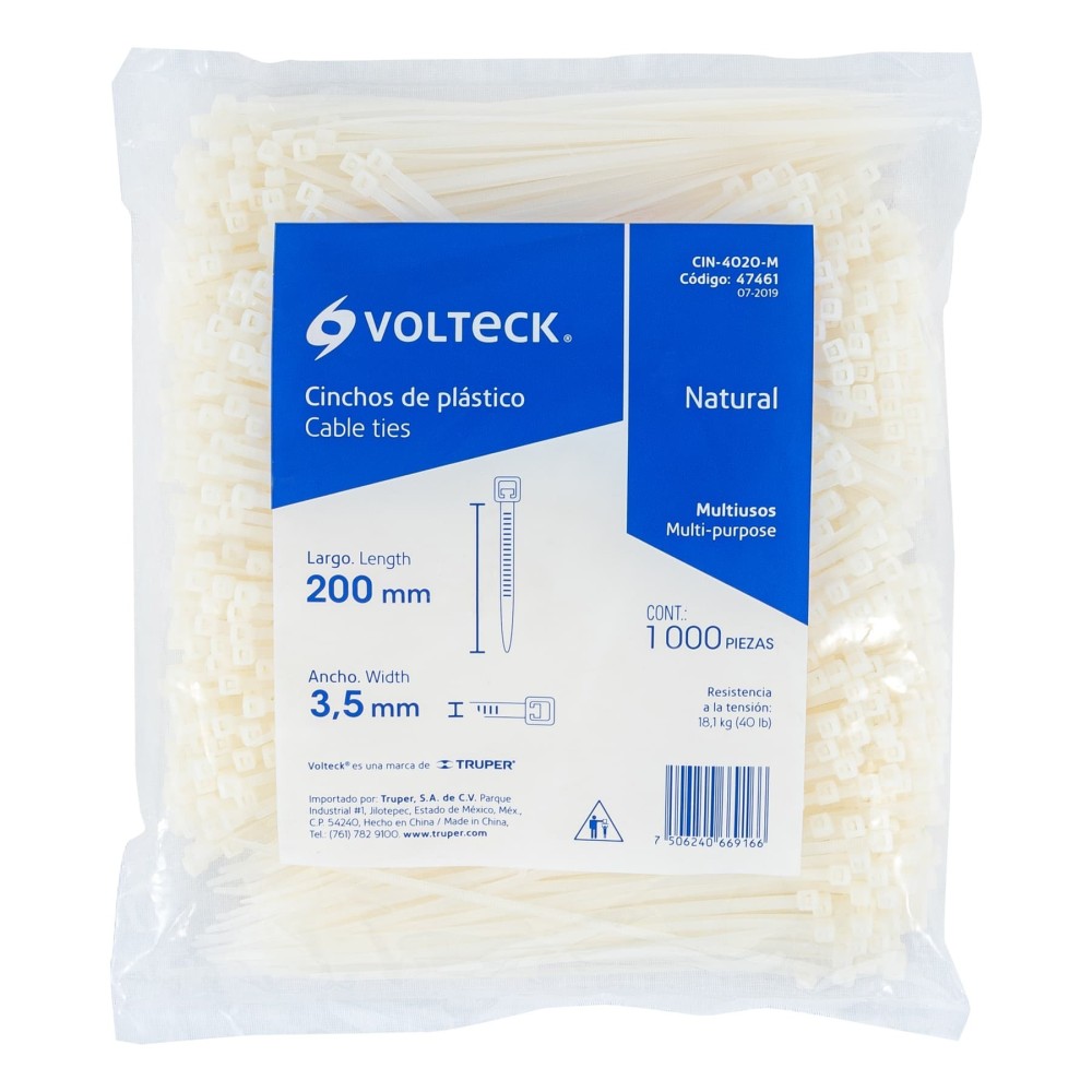 Bolsa con 1000 cinchos plásticos 40lb, 200x3.5 mm